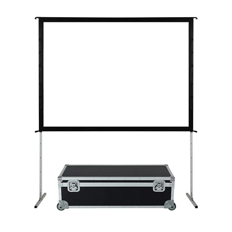 Portable Folding Projection Screen and flight case on a white background