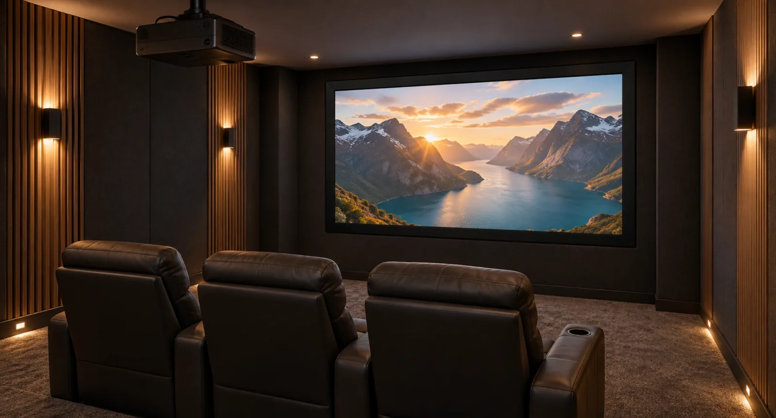 Private home theater with a fixed frame screen and three cinema seats