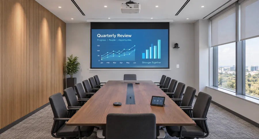 Boardroom with a concealed projection screen and meeting table