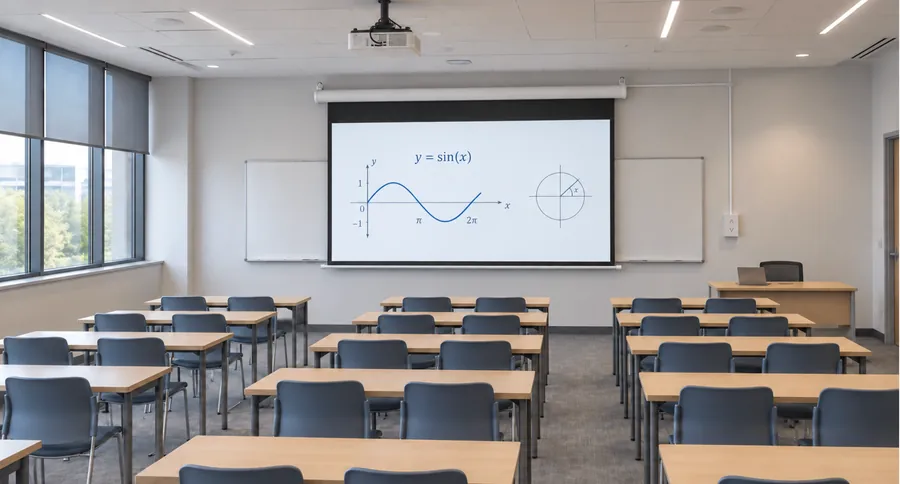 University classroom with an electric projection screen and student seating