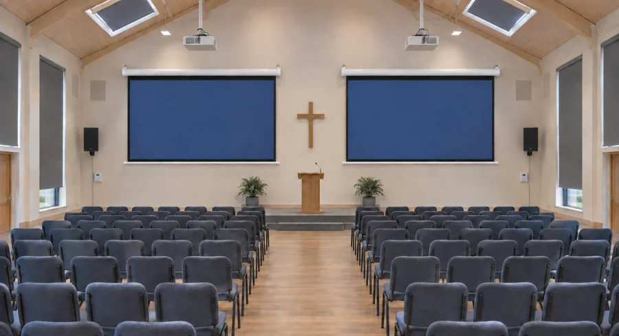 Worship hall with two projection screens and two seating blocks