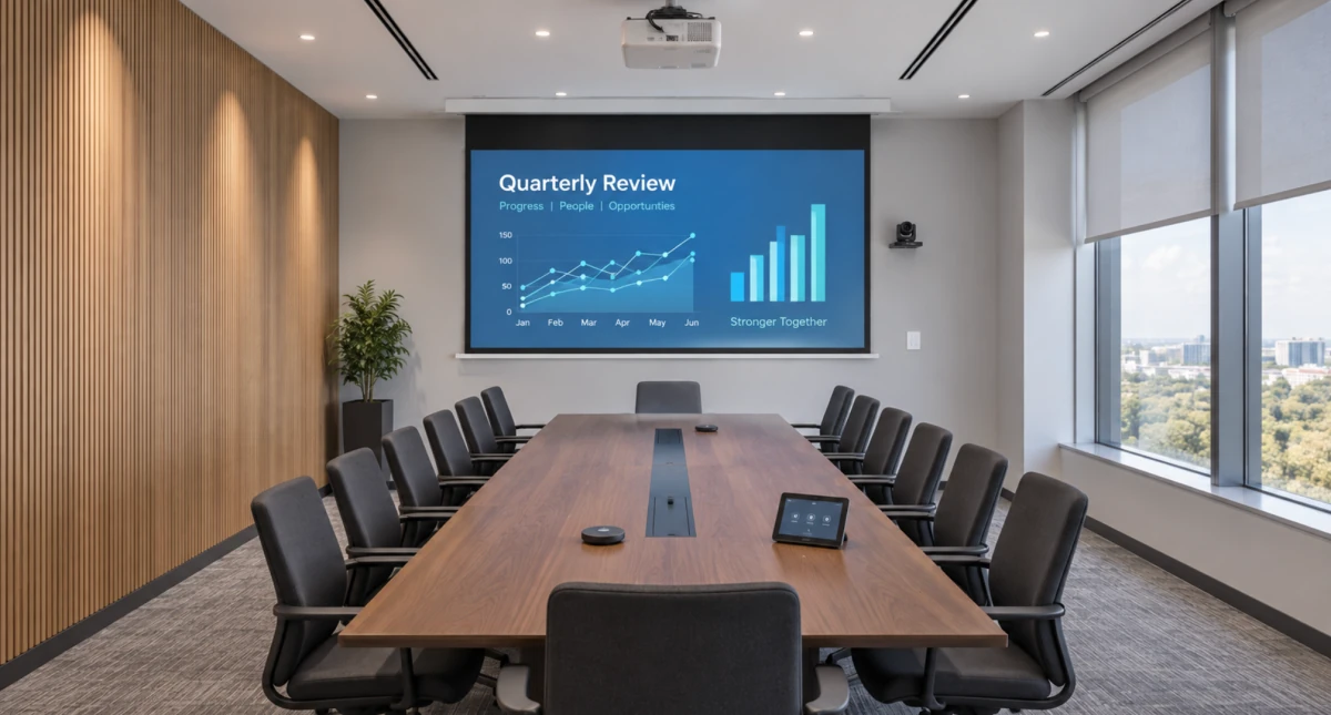 Boardroom with a concealed projection screen and meeting table