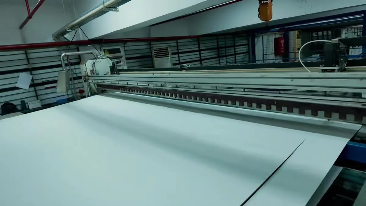 Projection screen fabric on the MGF cutting table