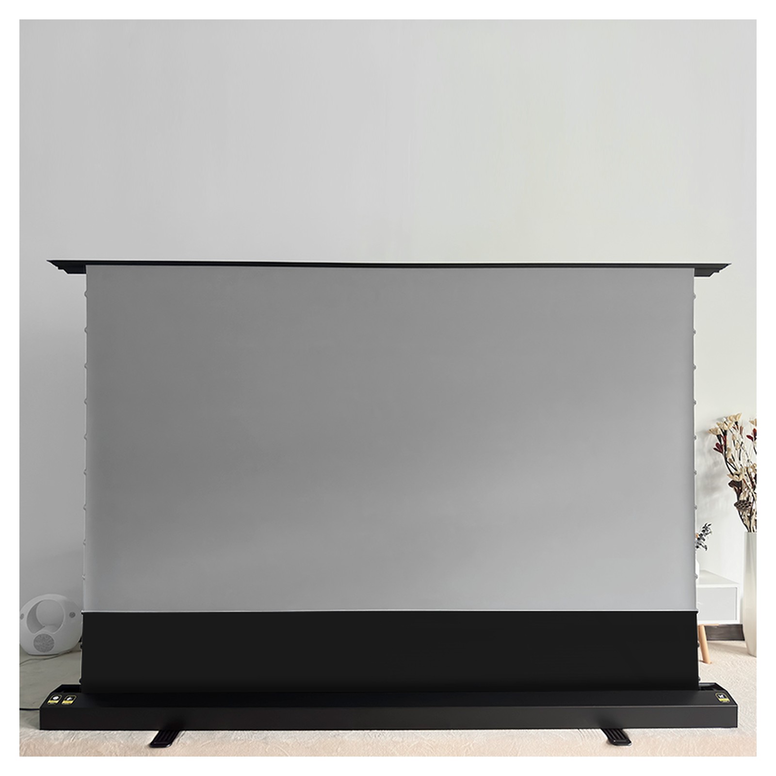 Motorized floor-rising tab-tension projection screen real front view