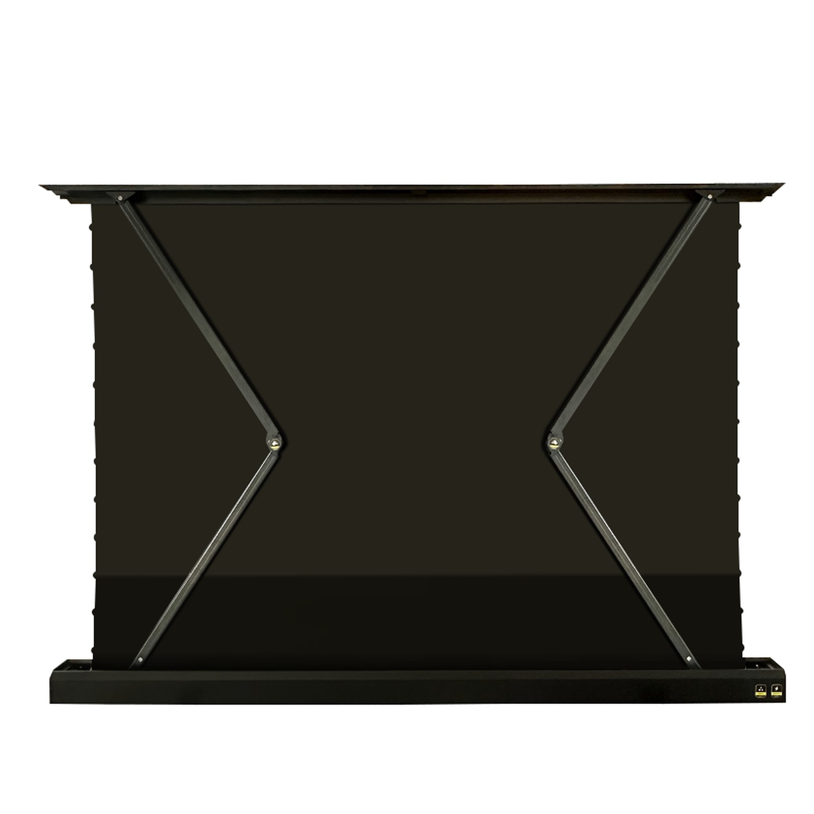 Motorized floor-rising tab-tension projection screen rear product view