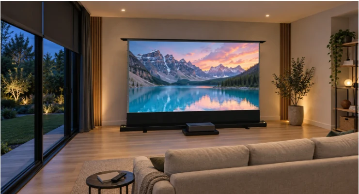 Garden-room cinema with a floor-rising screen and UST projector