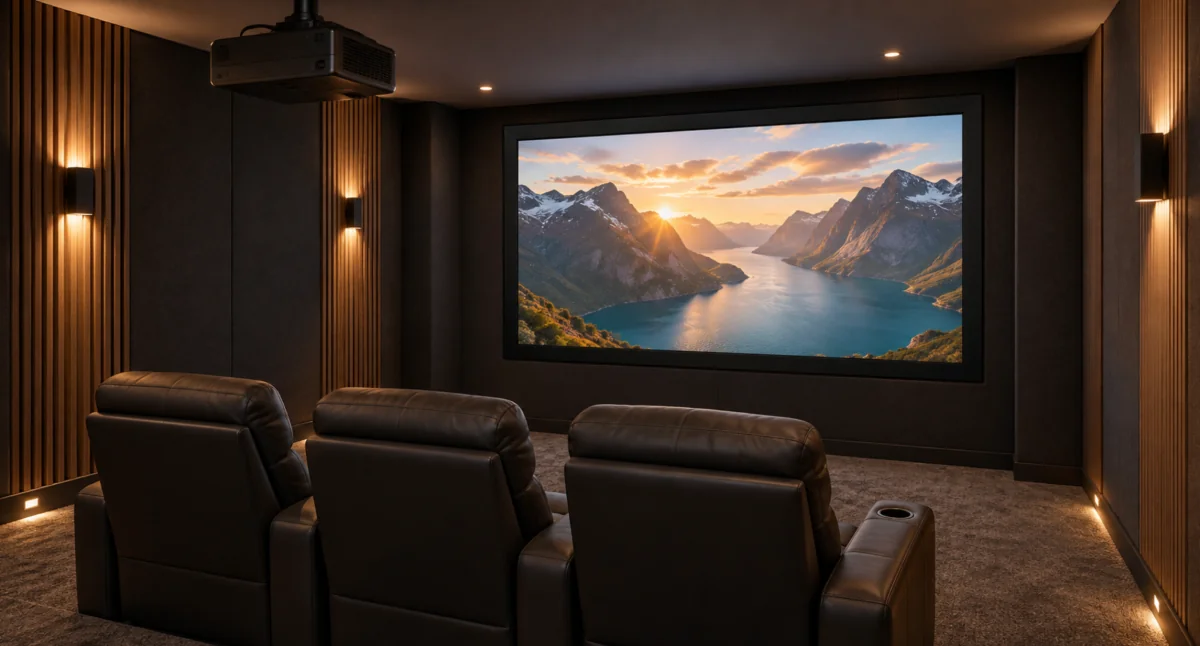 Private home theater with a fixed frame screen and three cinema seats