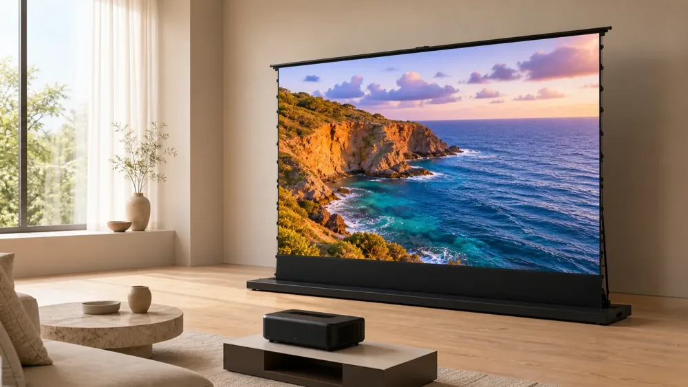 Floor-rising screen in a home cinema