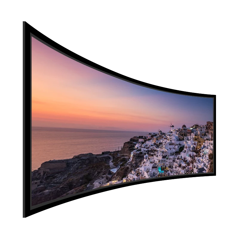 Large Curved Fixed Frame Projection Screen curved side product view with sunset image