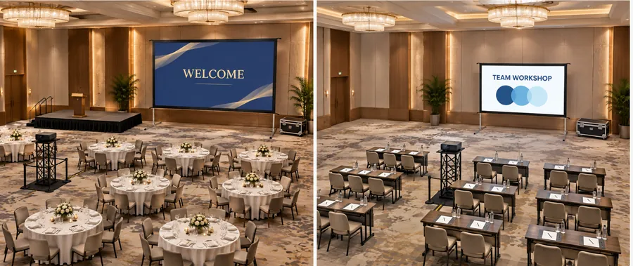 Hotel ballroom projection screens for banquet and training events