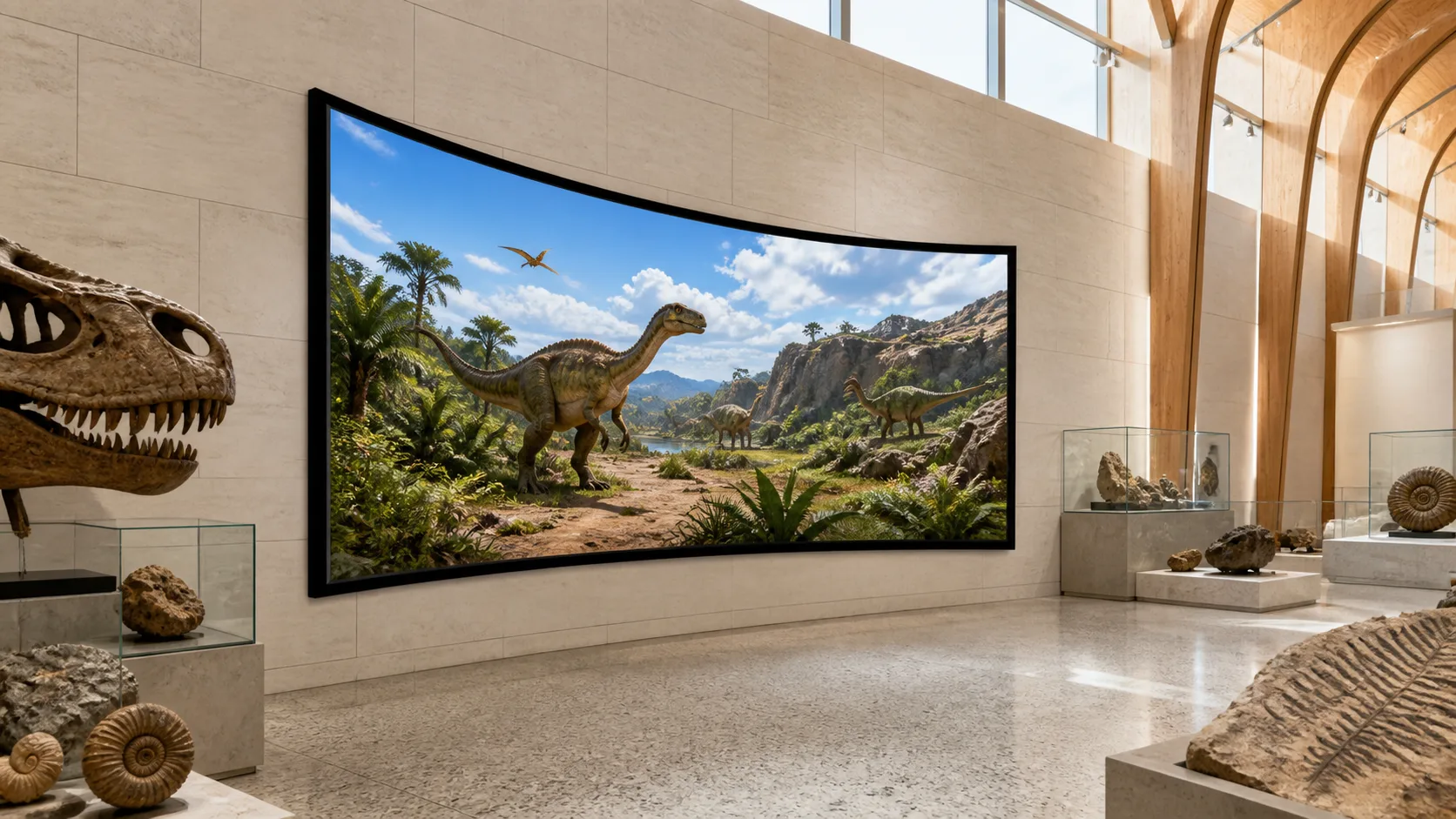 Immersive Natural History Museum Gallery with Large Curved Fixed Frame Projection Screen