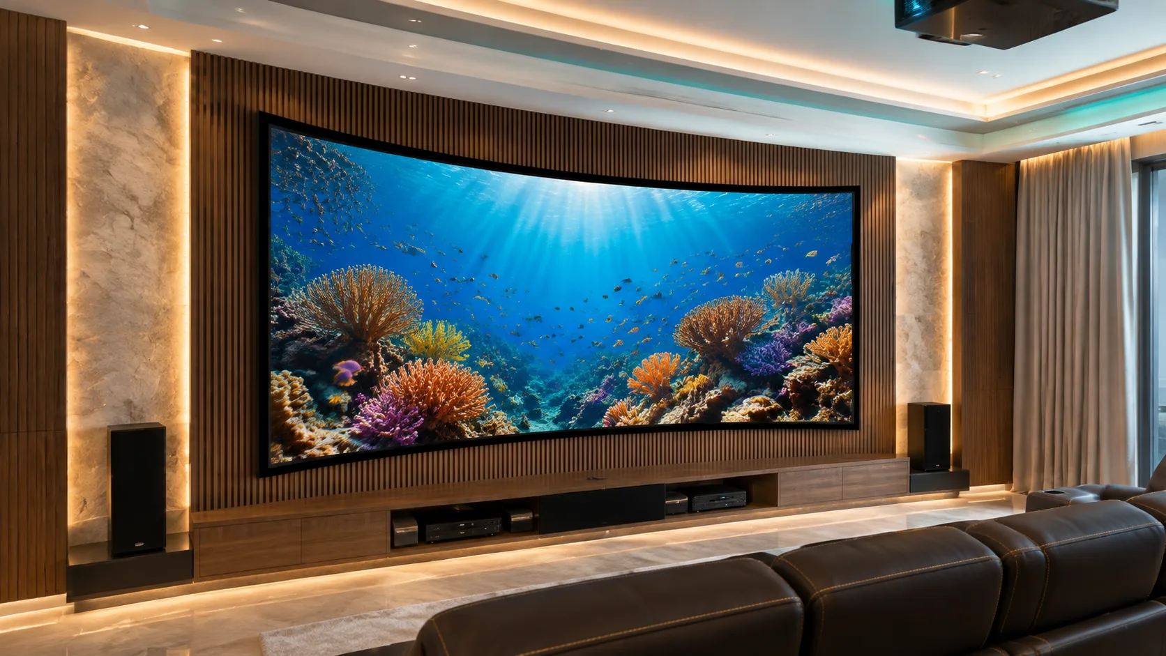 Luxury Panoramic Home Cinema with Large Curved Fixed Frame Projection Screen