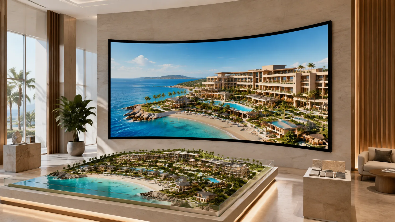 Luxury Real Estate Experience Gallery with Large Curved Fixed Frame Projection Screen
