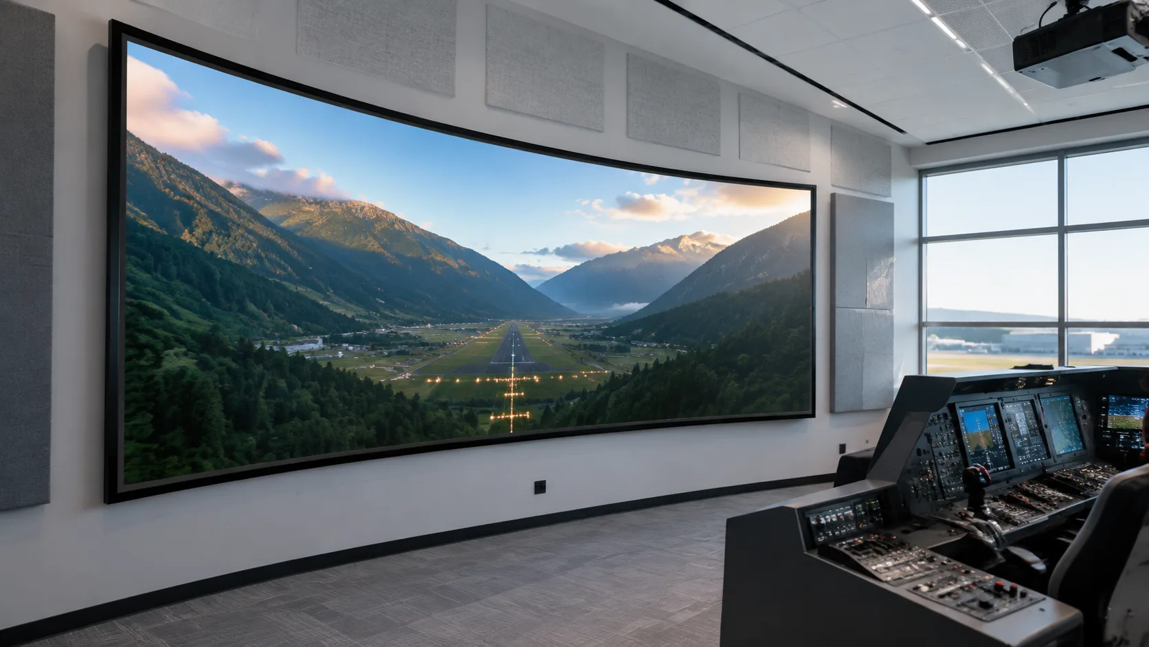 Professional Flight Simulation Training Center with Large Curved Fixed Frame Projection Screen
