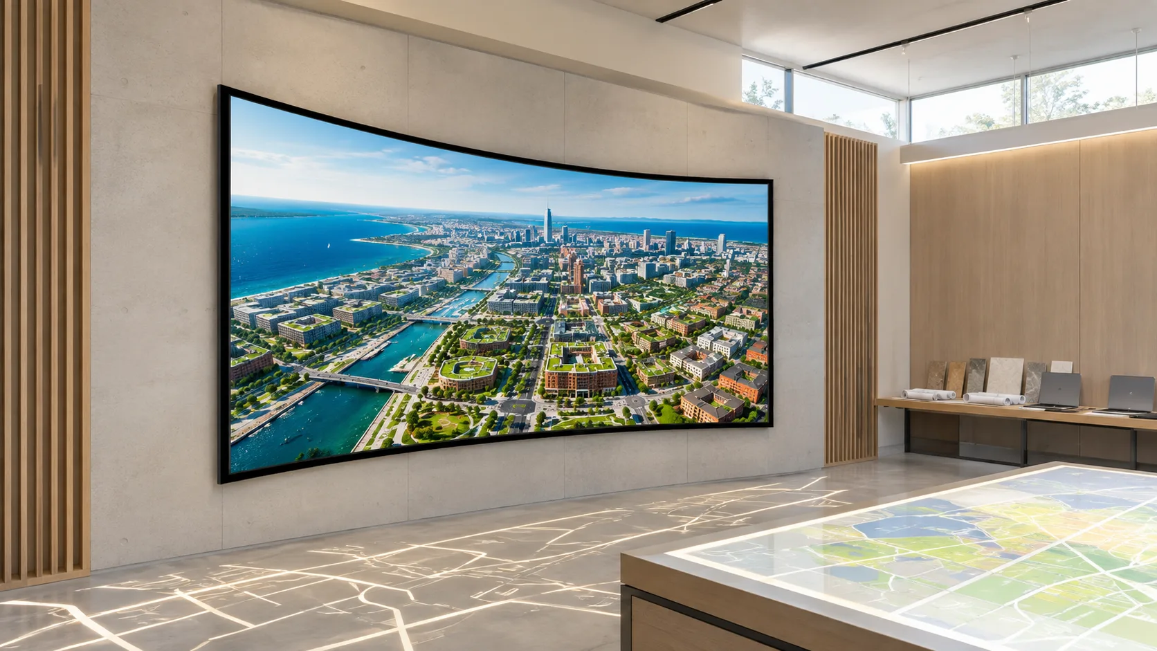 Curved Fixed Frame Projection Screen in an urban planning visualization center
