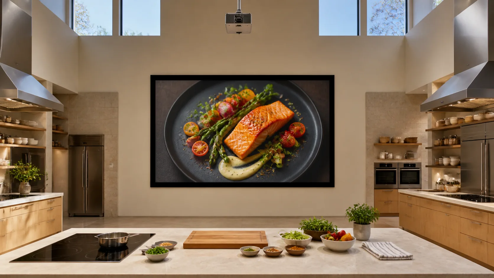Boutique Culinary Academy Demonstration Kitchen with Economic Fixed Frame Projection Screen