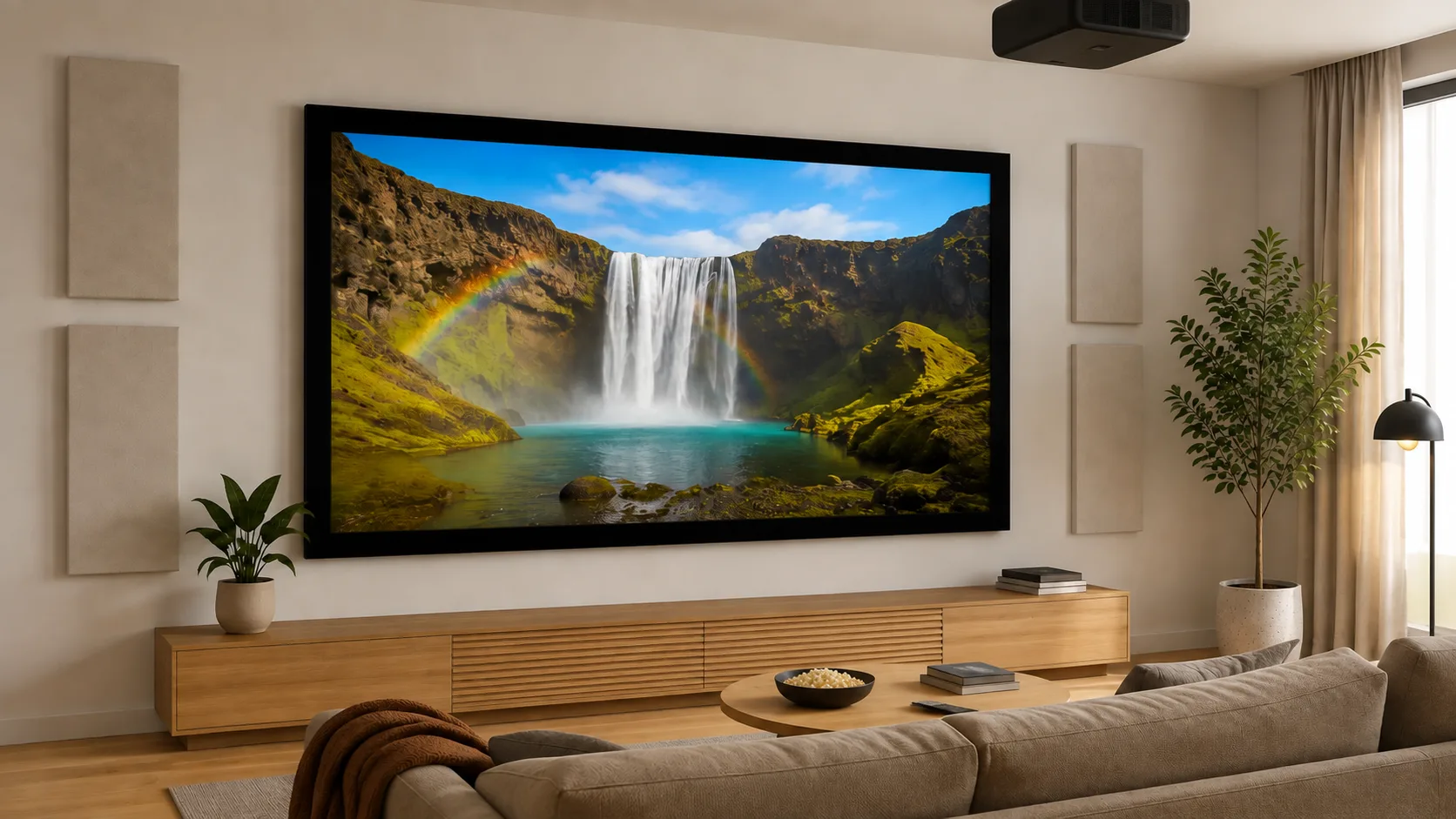 Compact Urban Family Media Room with Economic Fixed Frame Projection Screen