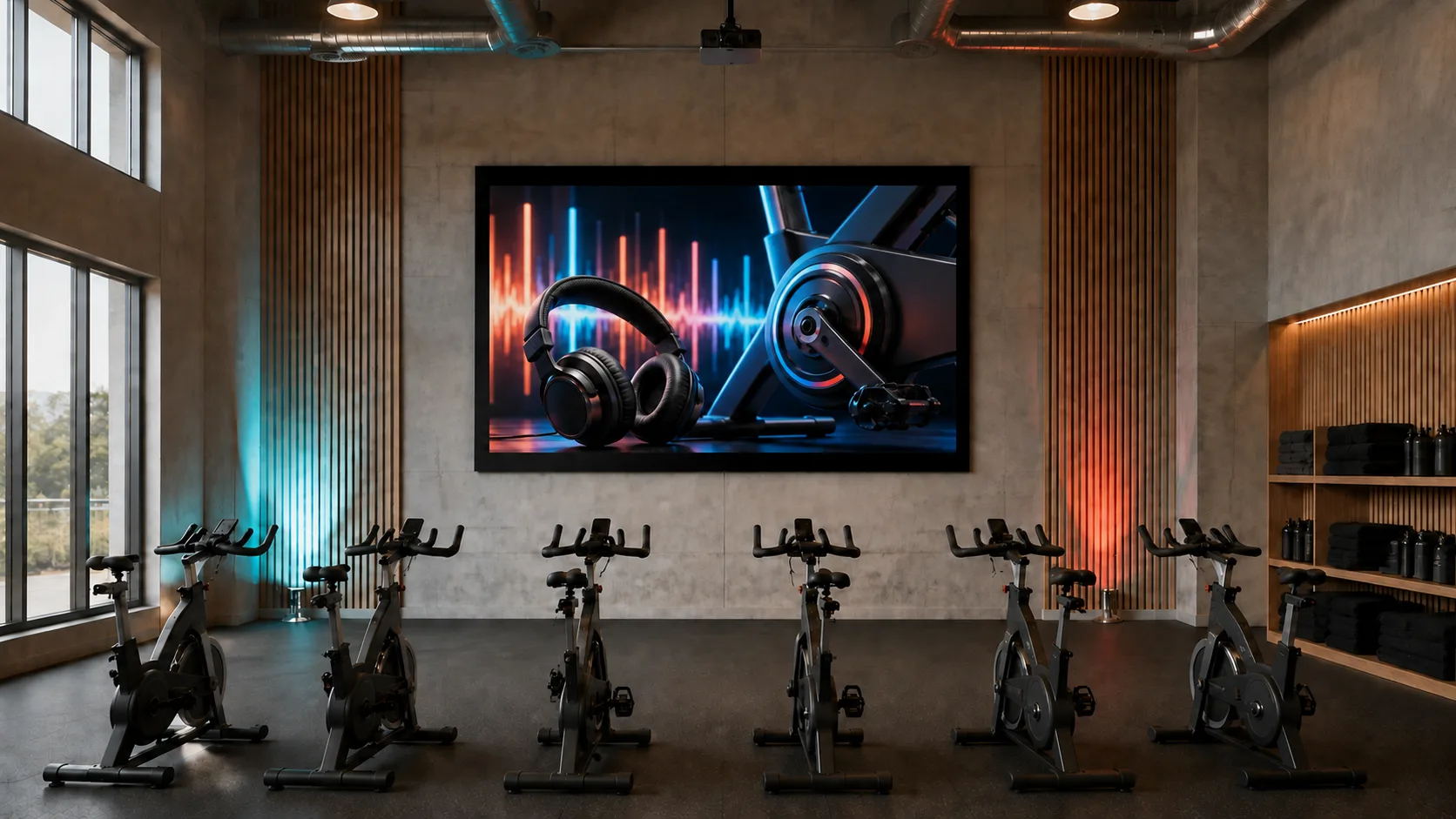Indoor Cycling Training Studio with Economic Fixed Frame Projection Screen