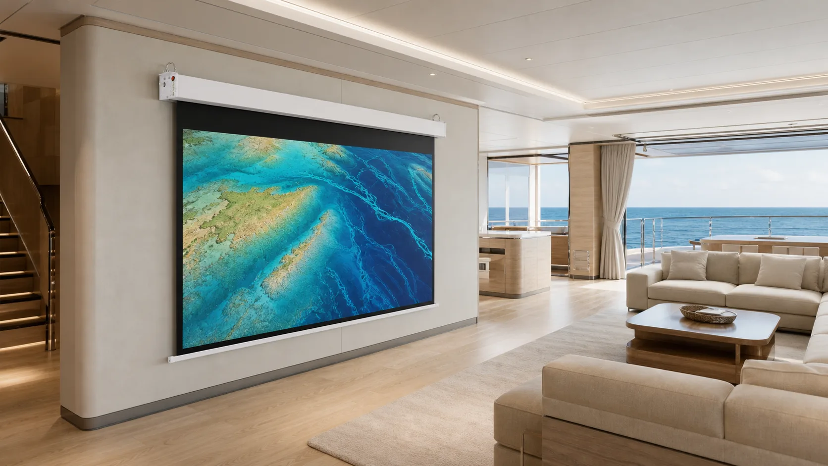 Luxury Yacht Salon with Square Low-Voltage Electric Projection Screen