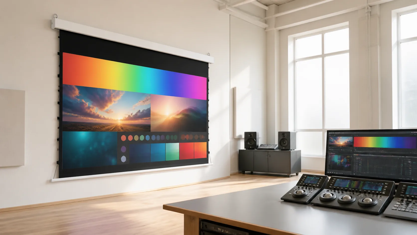 Broadcast Color-Grading Studio with Square Low-Voltage Tab-Tension Electric Projection Screen