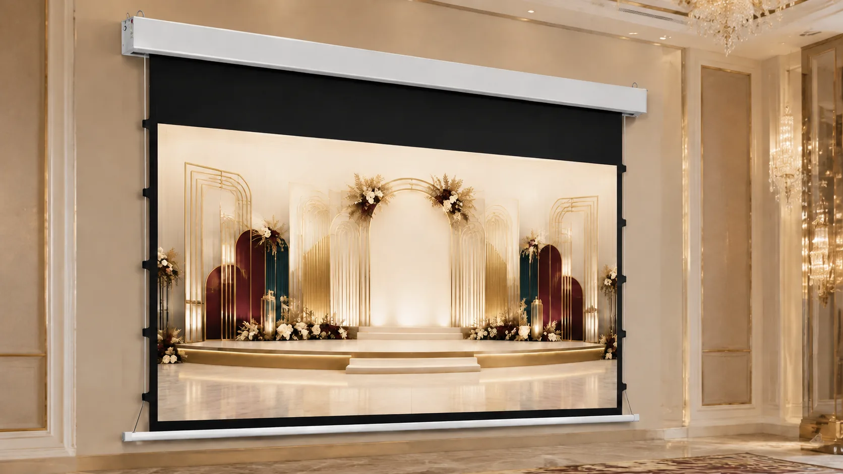 Luxury Hotel Ballroom Stage Rehearsal with Square Low-Voltage Tab-Tension Electric Projection Screen