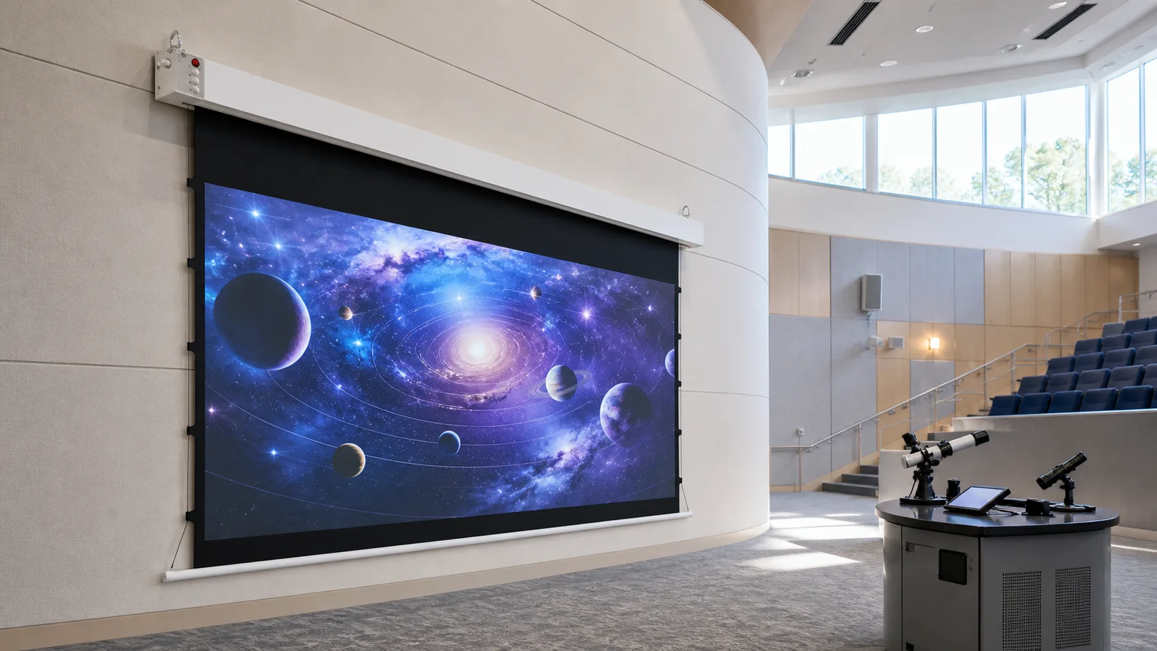 University Planetarium Lecture Theater Calibration with Square Low-Voltage Tab-Tension Electric Projection Screen