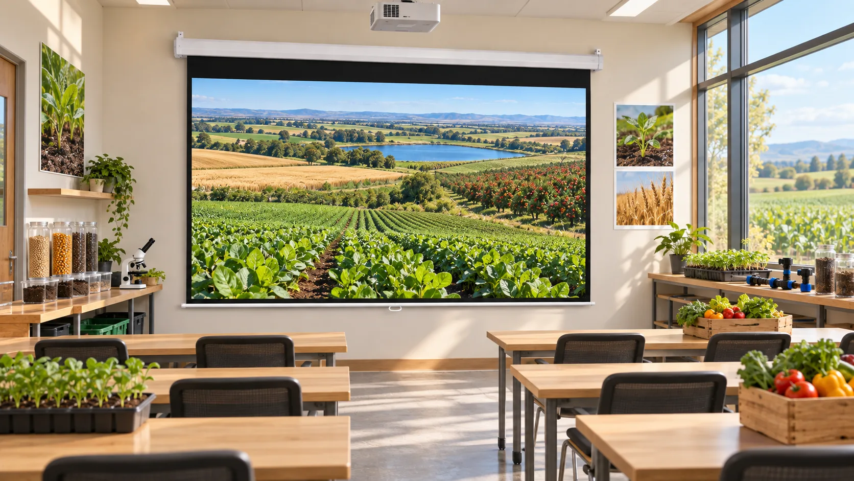 Bright Agricultural Cooperative Training Room with Octagonal Manual Self-Lock Projection Screen