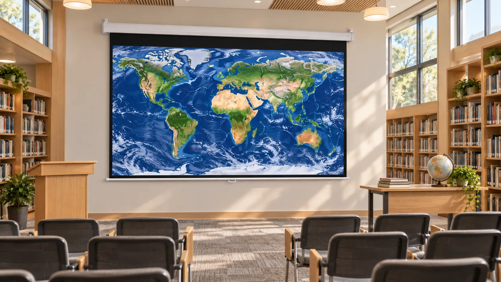 Bright Community Library Multipurpose Lecture Area with Octagonal Manual Self-Lock Projection Screen