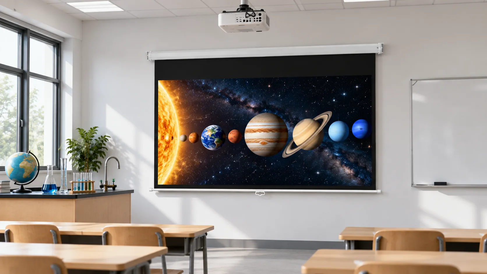 Bright School Science Classroom with Octagonal Manual Self-Lock Projection Screen