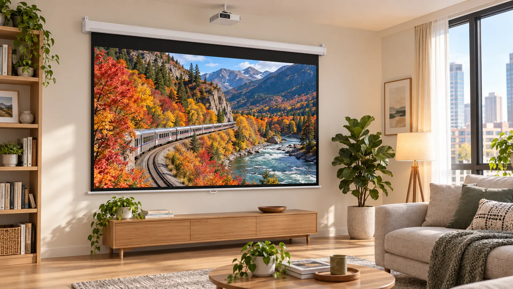 Bright Urban Apartment Family Living Room with Octagonal Manual Self-Lock Projection Screen