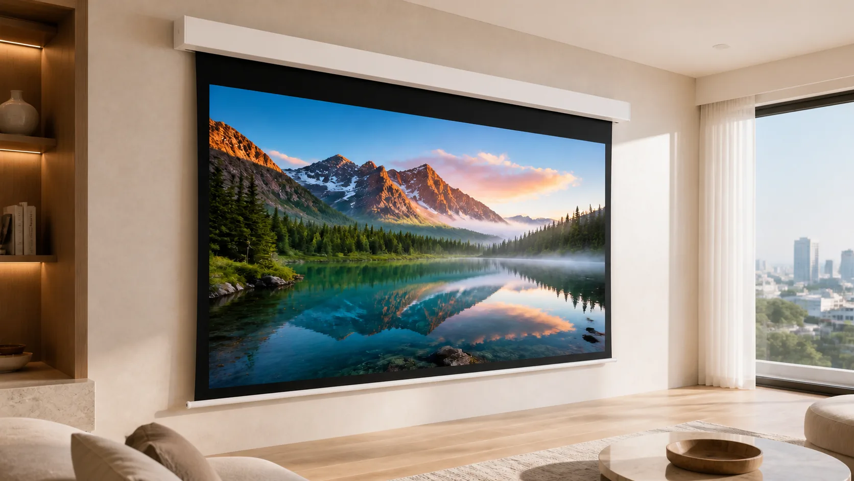 Modern Apartment Living Room with Square Housing Electric Projection Screen