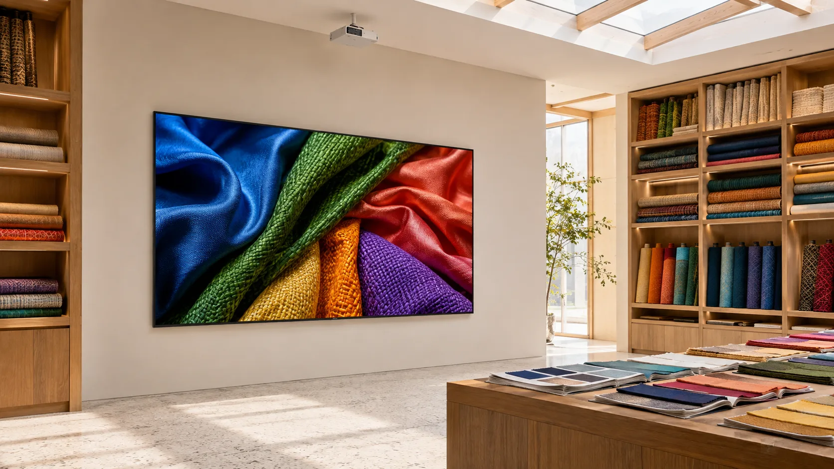 Premium Textile Design Showroom with Ultra Narrow Bezel Fixed Frame Projection Screen