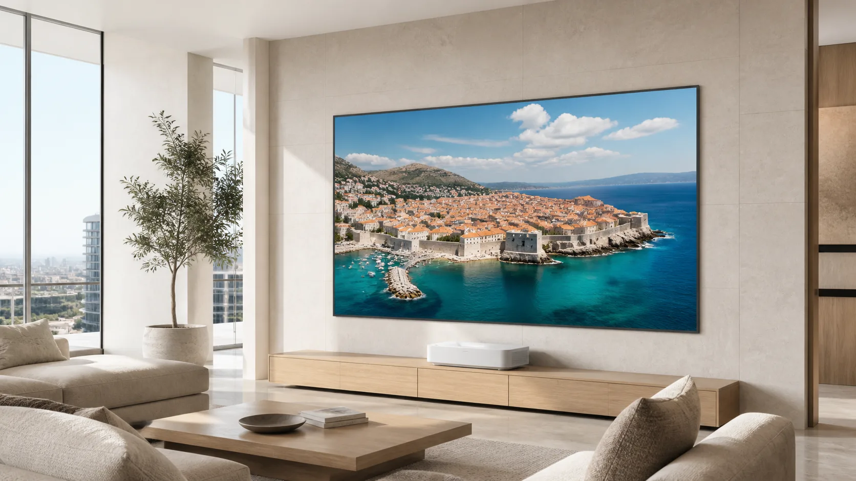 Sunlit Penthouse UST Living Room with Ultra Narrow Bezel Fixed Frame Projection Screen