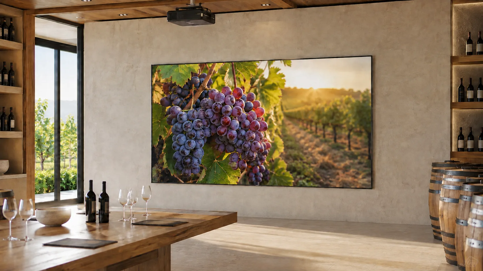 Sunlit Winery Tasting Lounge with Ultra Narrow Bezel Fixed Frame Projection Screen
