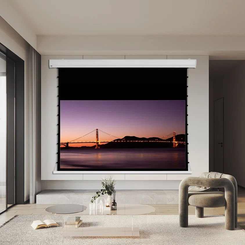 White aluminum-casing tab-tension screen installed in a living room