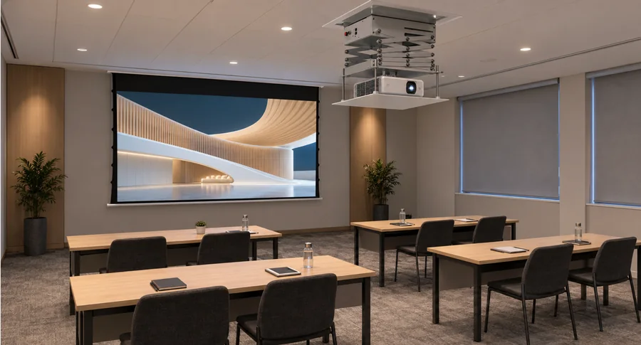 Training room with an in-ceiling screen and projector lift