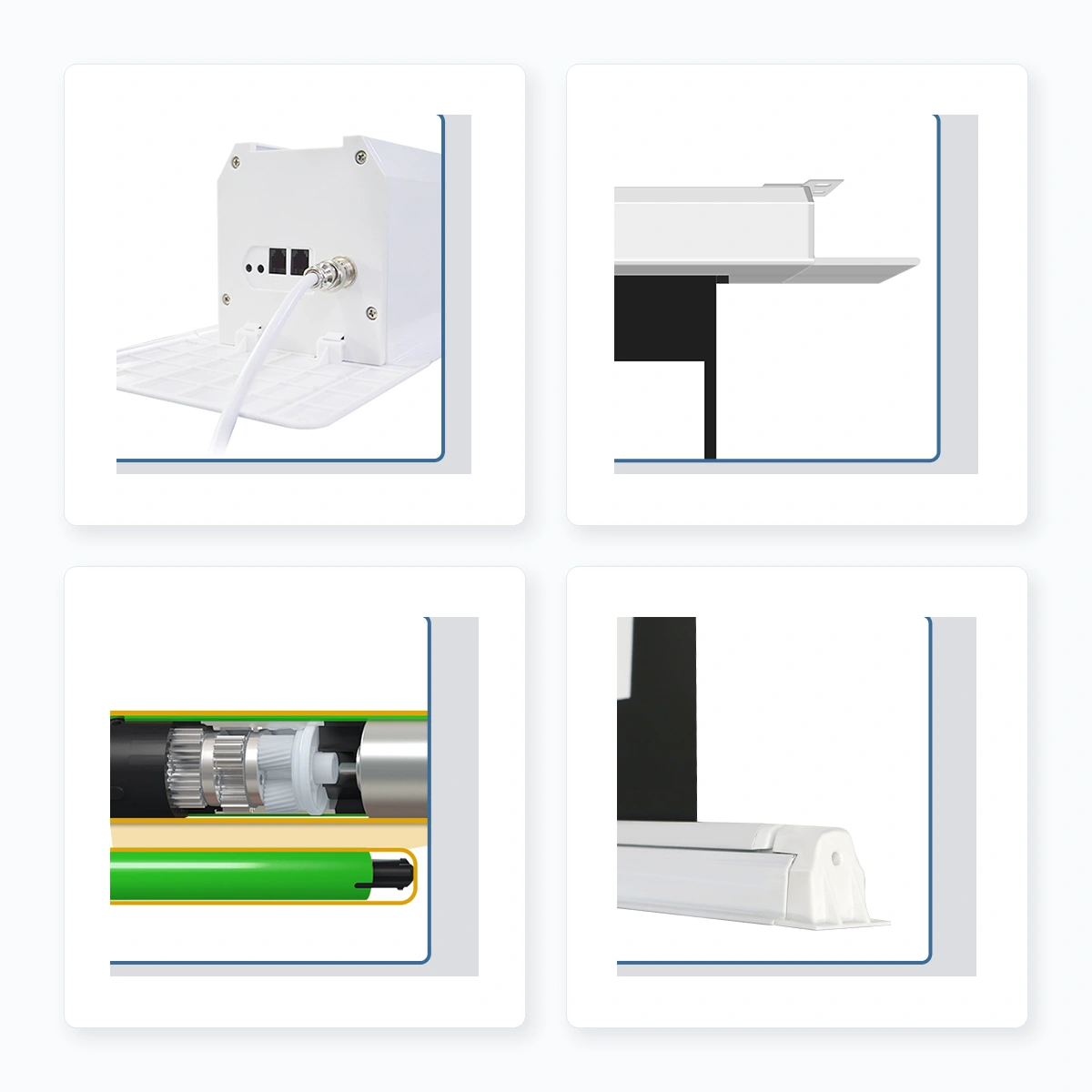 In-ceiling electric projection screen housing motor control ports and bottom rail details