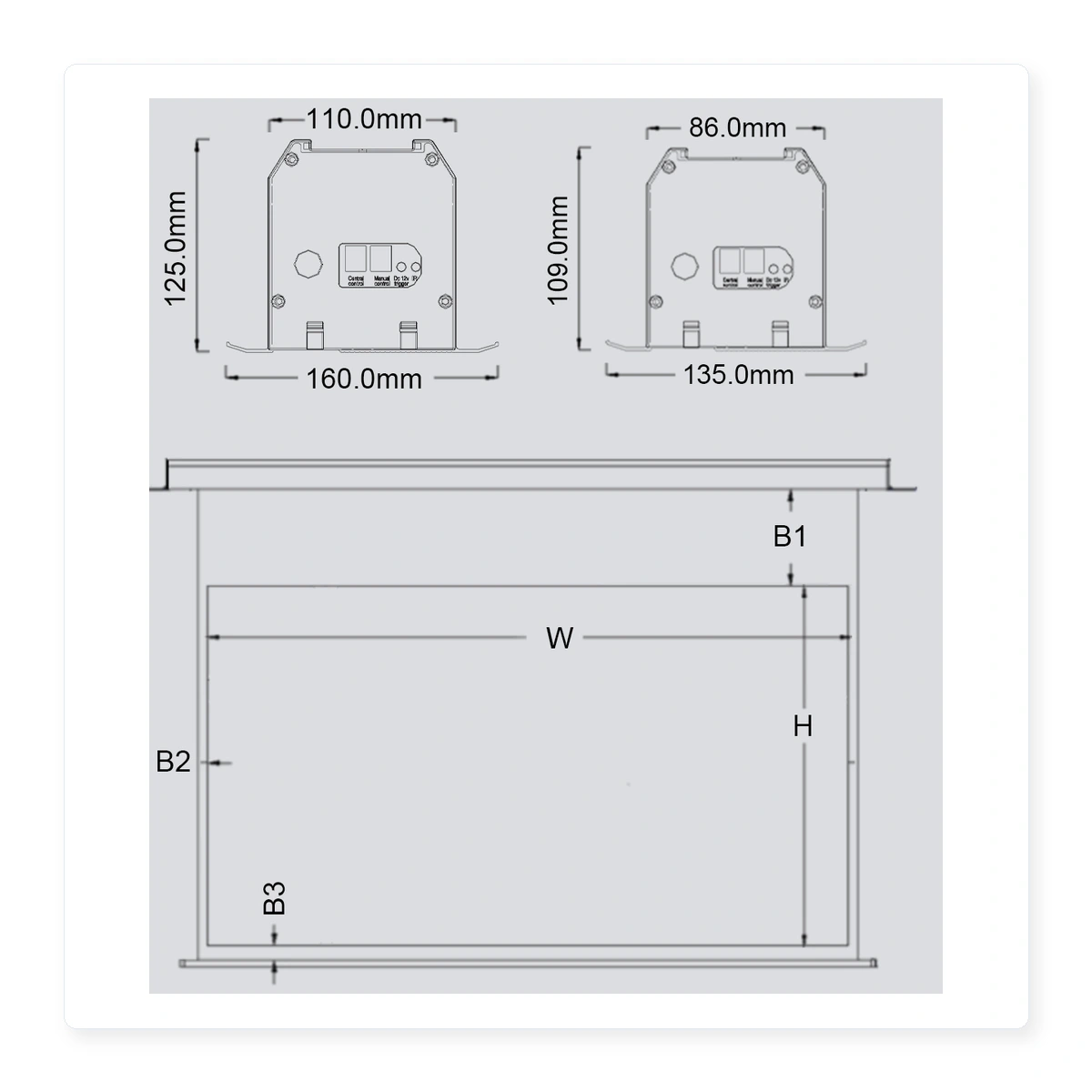 In-ceiling electric projection screen dimensions and housing structure visual