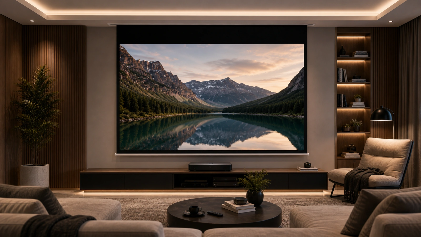 In-ceiling electric projection screen hidden ceiling installation for smart home cinema