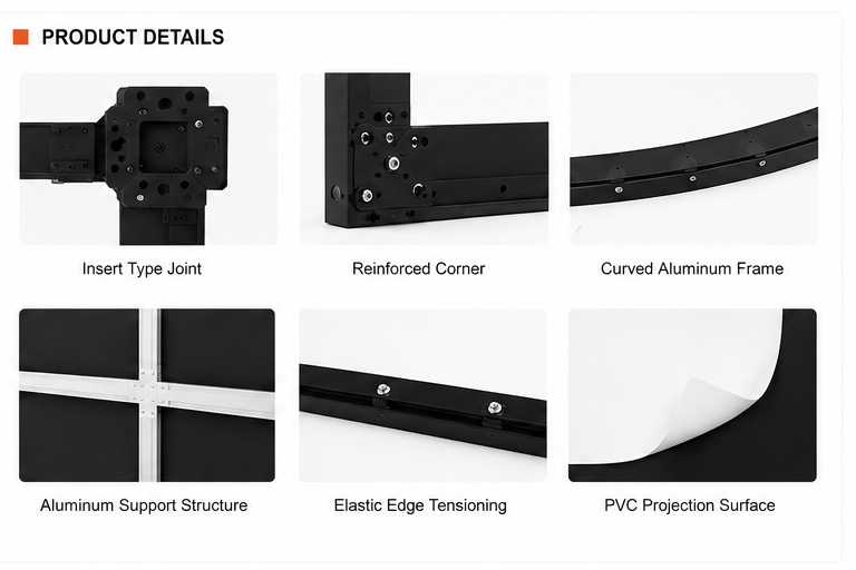 Large curved fixed frame projection screen for immersive display projects accessories and product detail closeups