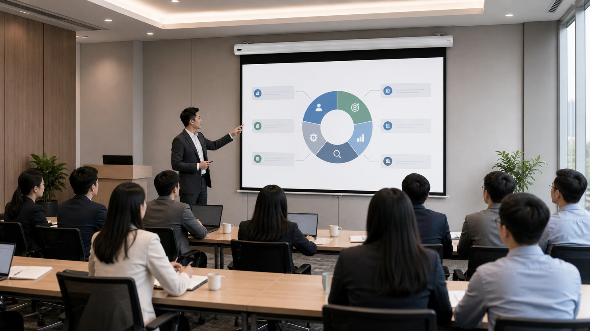 Portable desktop pull-up projection screen in a corporate training room
