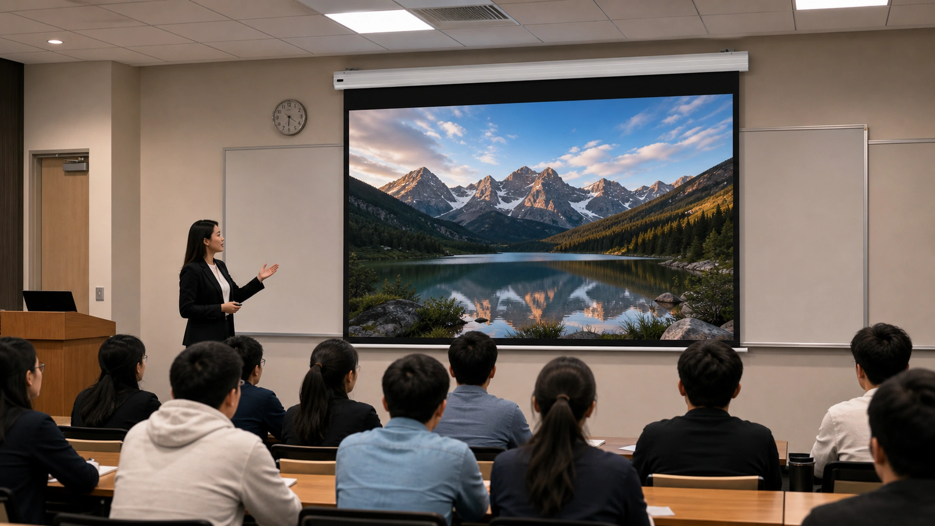Portable desktop pull-up projection screen in a training classroom