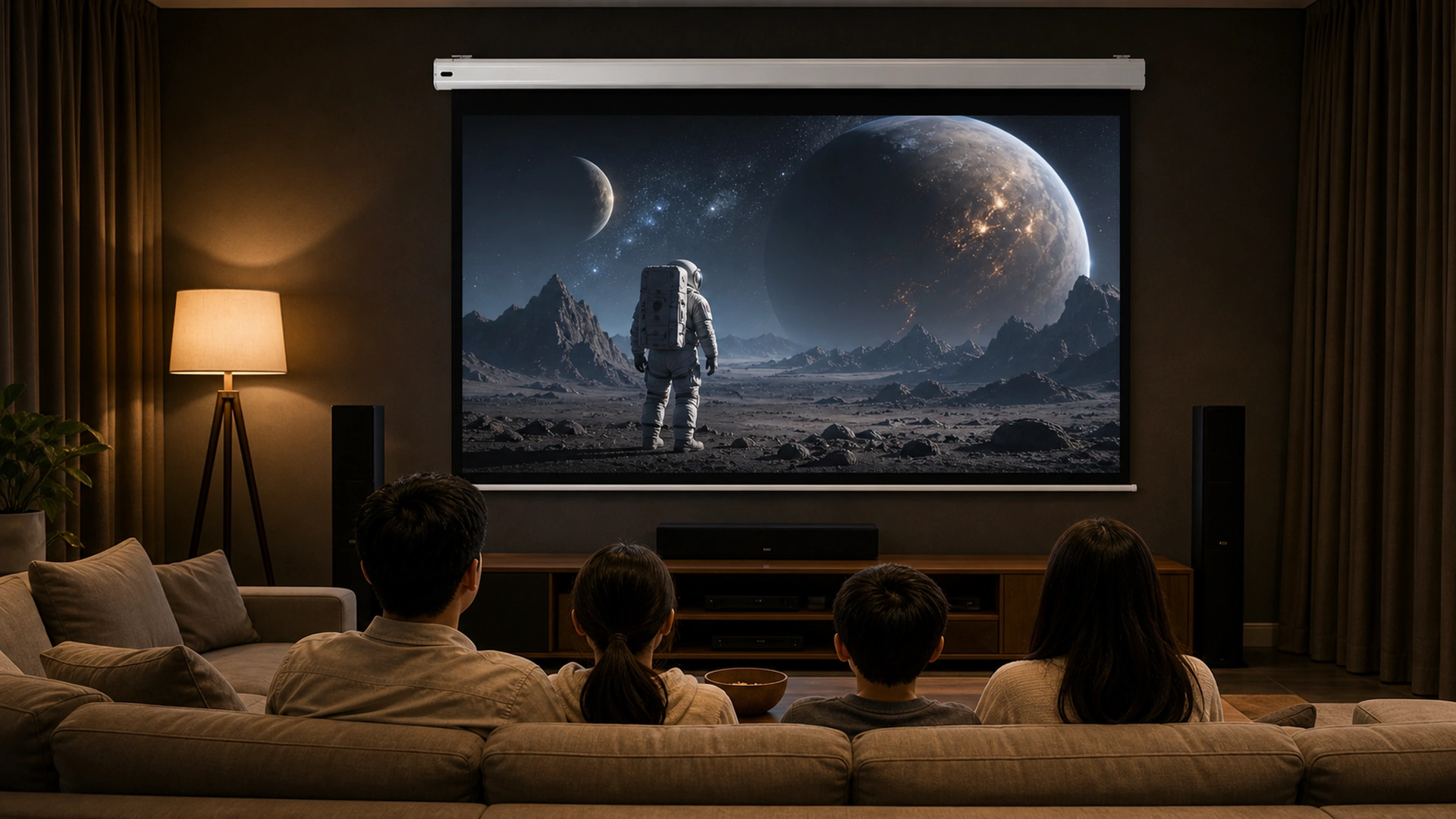 Portable desktop pull-up projection screen in a home theater living room