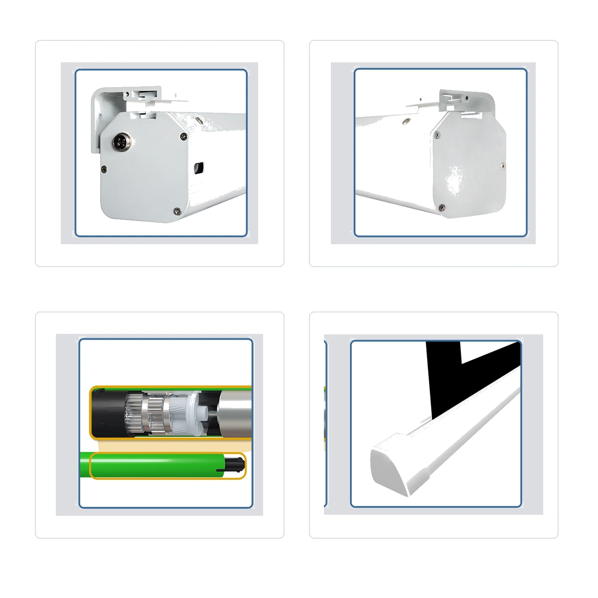 Square aluminum casing electric projection screen with sliding brackets accessories and product detail closeups