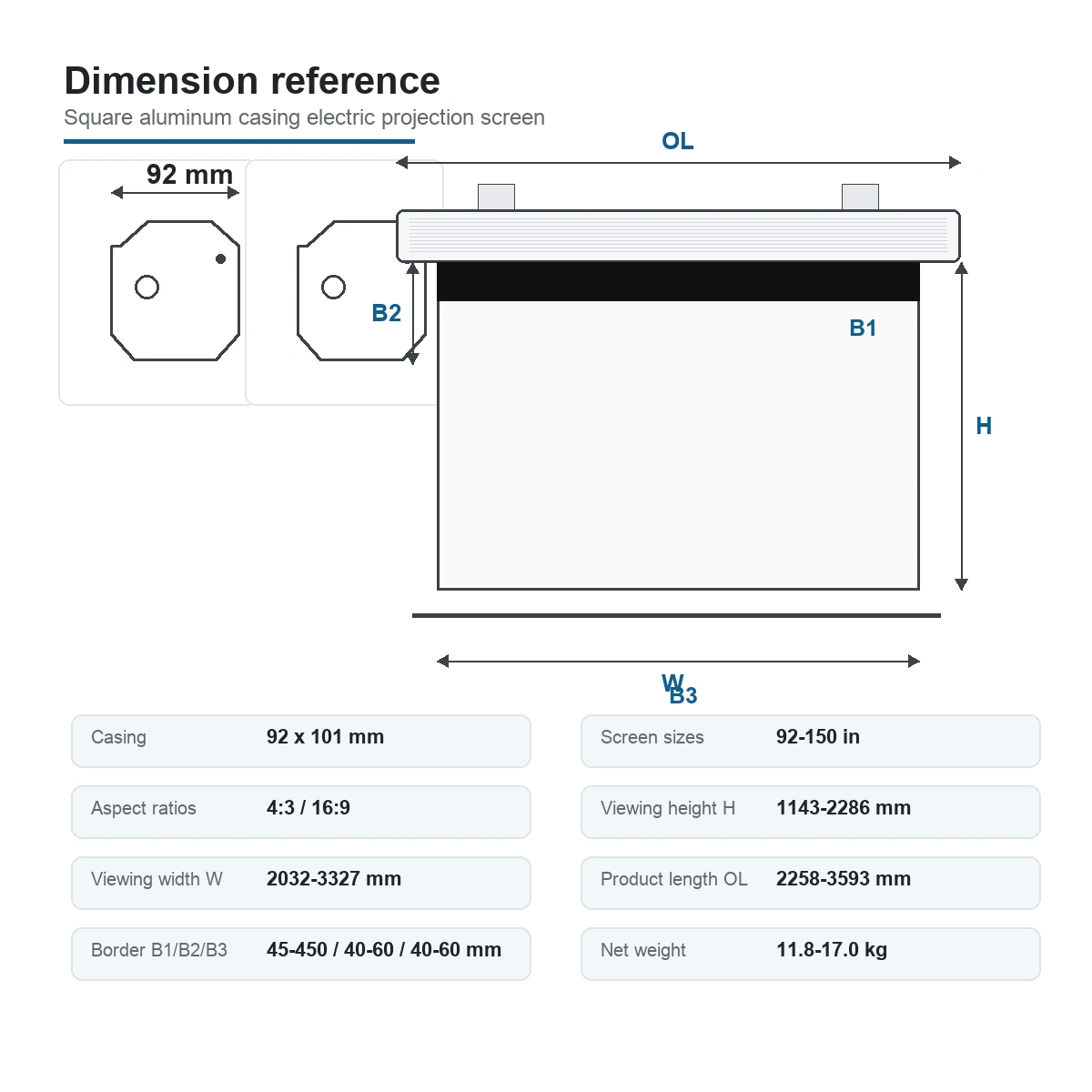 Square aluminum casing electric projection screen with sliding brackets dimension and structure visual
