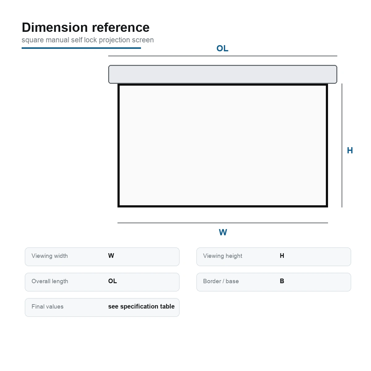 Square manual self-lock projection screen with clean casing dimension and structure visual