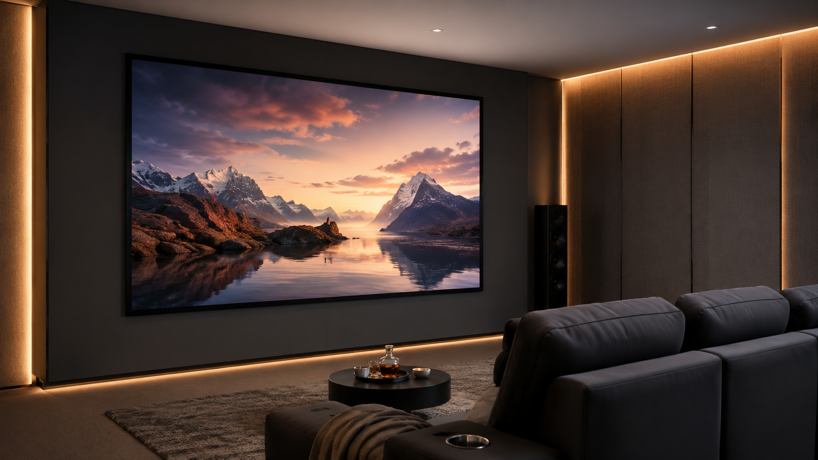 MGF fixed frame projection screen in a home theater