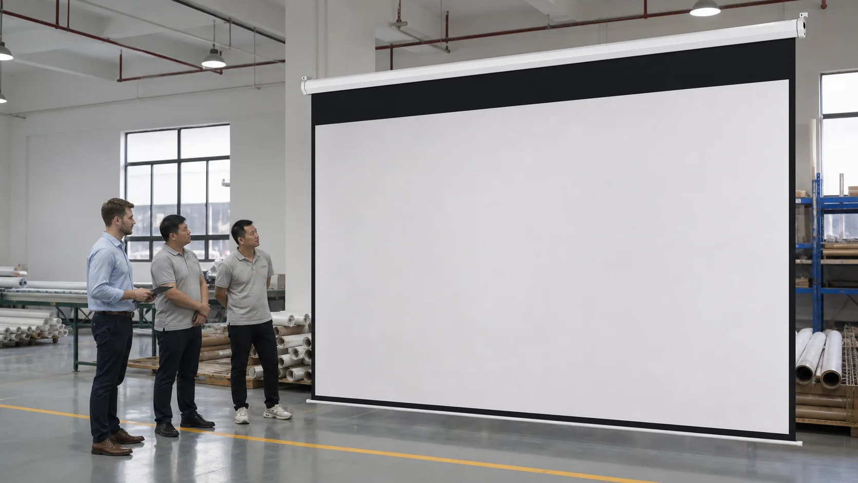 Distributor and factory team evaluating an OEM motorized projection screen