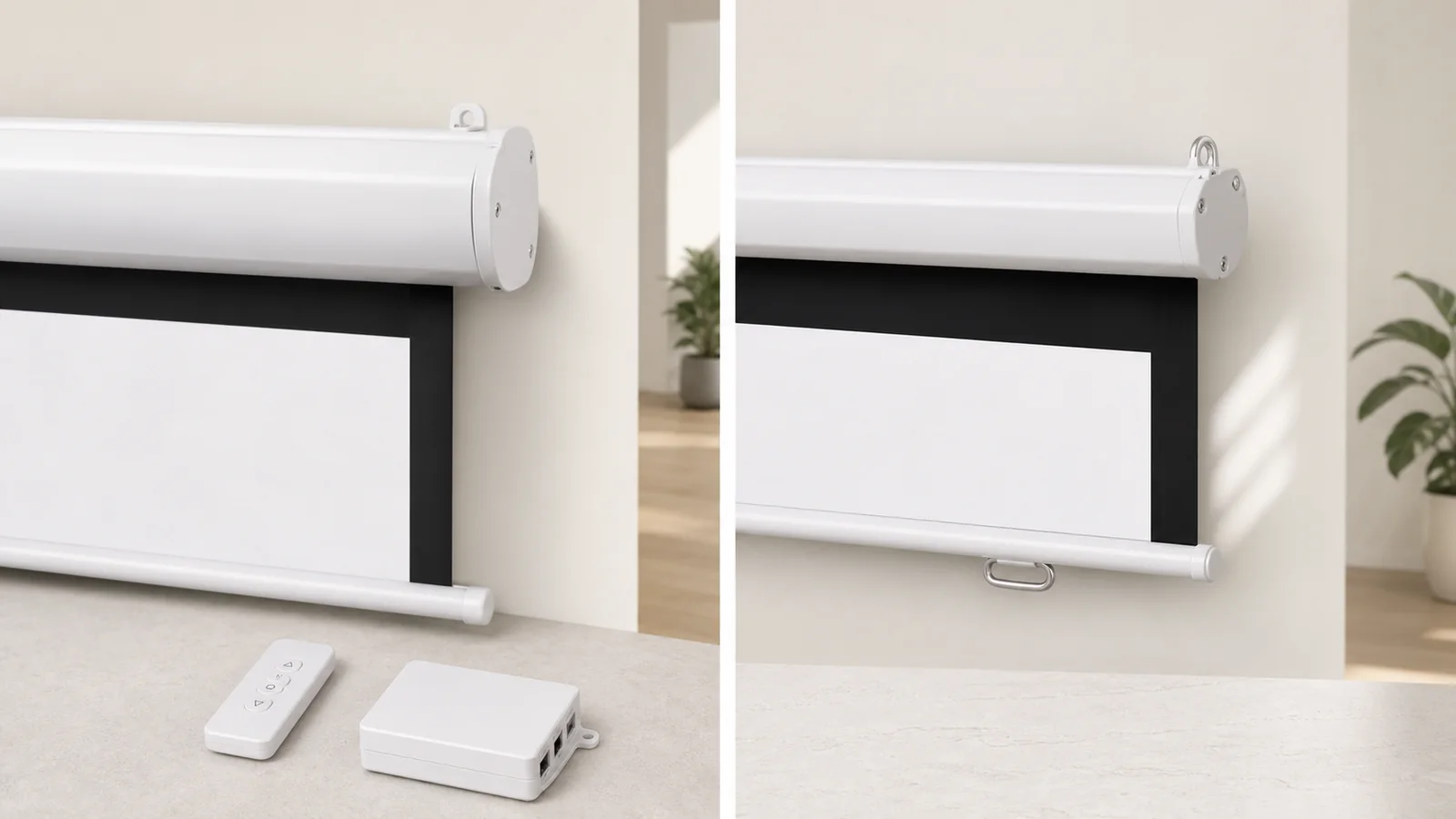 Motorized screen controls and manual pull-down mechanism shown side by side