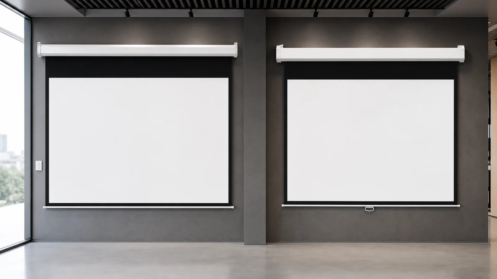 Motorized and manual projection screens compared in a commercial showroom